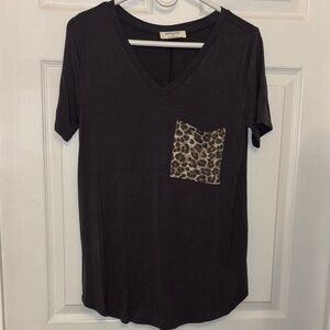 Zenana Black Short Sleeve Top with Leopard Accent